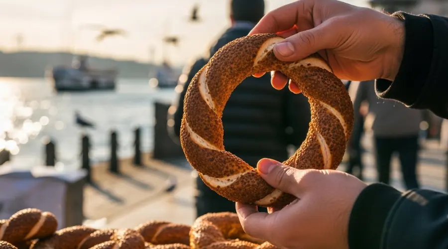 نان سیمیت ترکی با منظره دریا