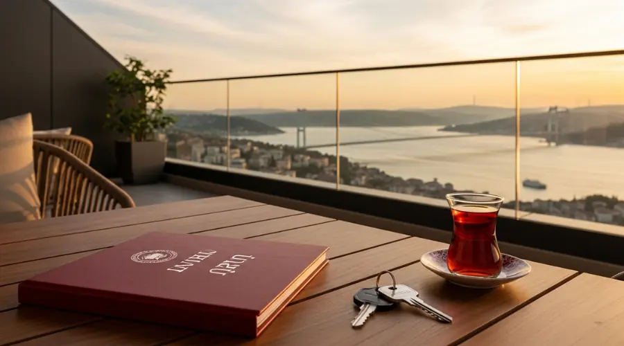 سند ملکی ترکیه (تاپو) و دسته کلید روی میز در بالکن آپارتمانی در استانبول.