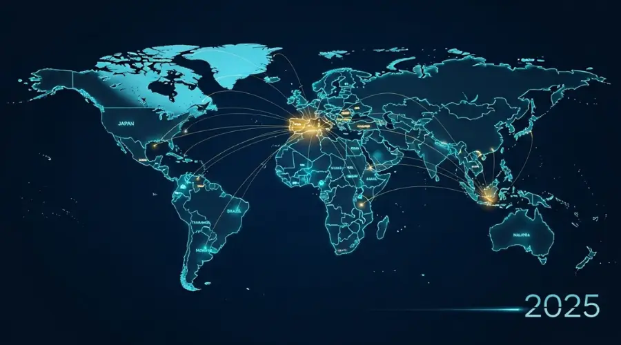 نقشه اینفوگرافیک جهان که کشورهای بدون ویزا برای شهروندان ترکیه در سال 2025 را نشان می‌دهد.