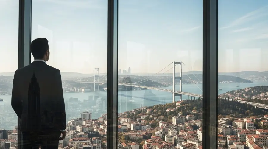 تاجر موفق در استانبول با دورنمای تجاری آمریکا در پس‌زمینه، نماد ویزای سرمایه‌گذاری E-2.