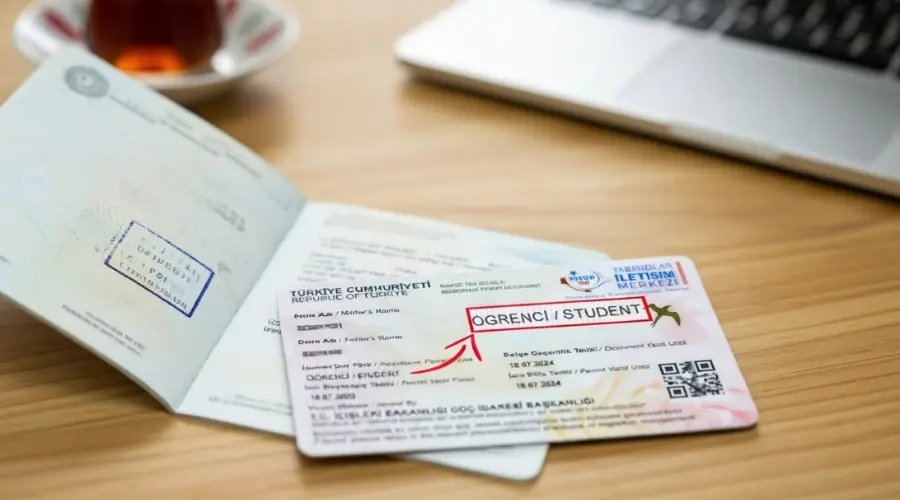 نمای نزدیک از پاسپورت با مهر ویزا در کنار کارت اقامت صورتی رنگ ترکیه (کیملیک).