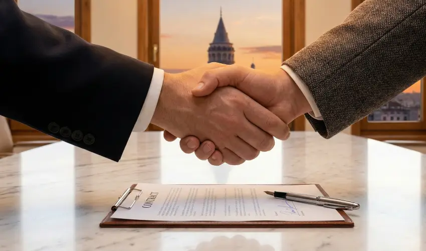 دست دادن دو تاجر بین‌المللی در یک دفتر کار لوکس با نمادهایی از شهر استانبول.