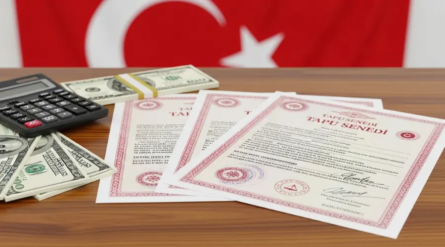 سند ملکی ترکیه (تاپو) در کنار اسکناس‌های دلار و ماشین‌حساب روی میز.