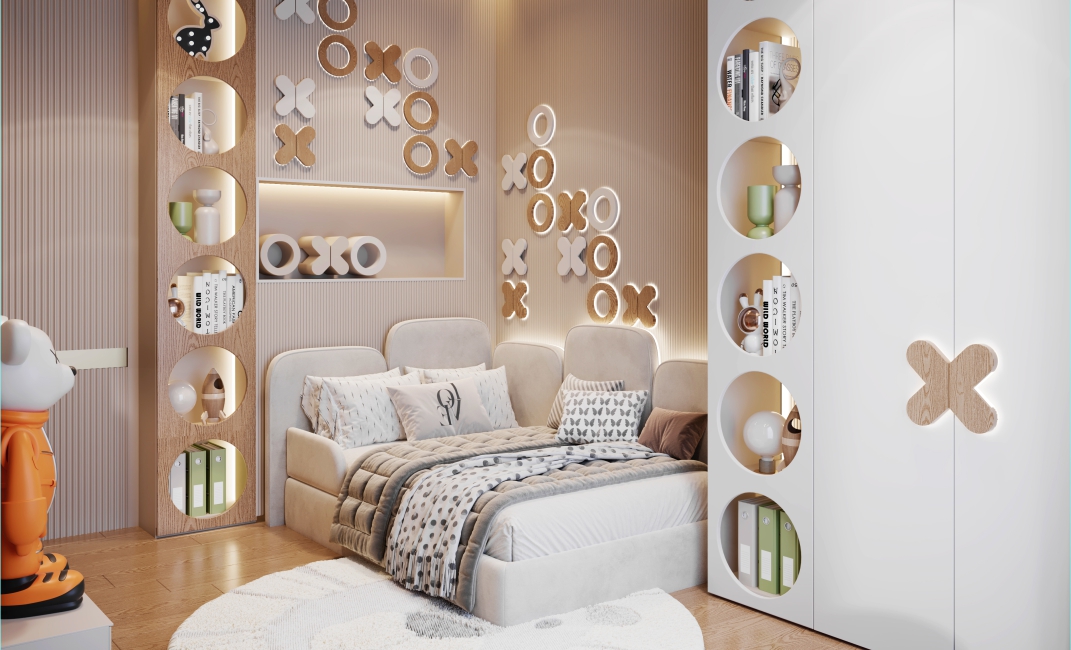 طراحی داخلی اتاق خواب کودک با تم خلاقانه اشکال X و O روی دیوار همراه با نورپردازی، تخت خواب گوشه‌ای دنج، و قفسه‌بندی و کمد سفید و چوبی سفارشی