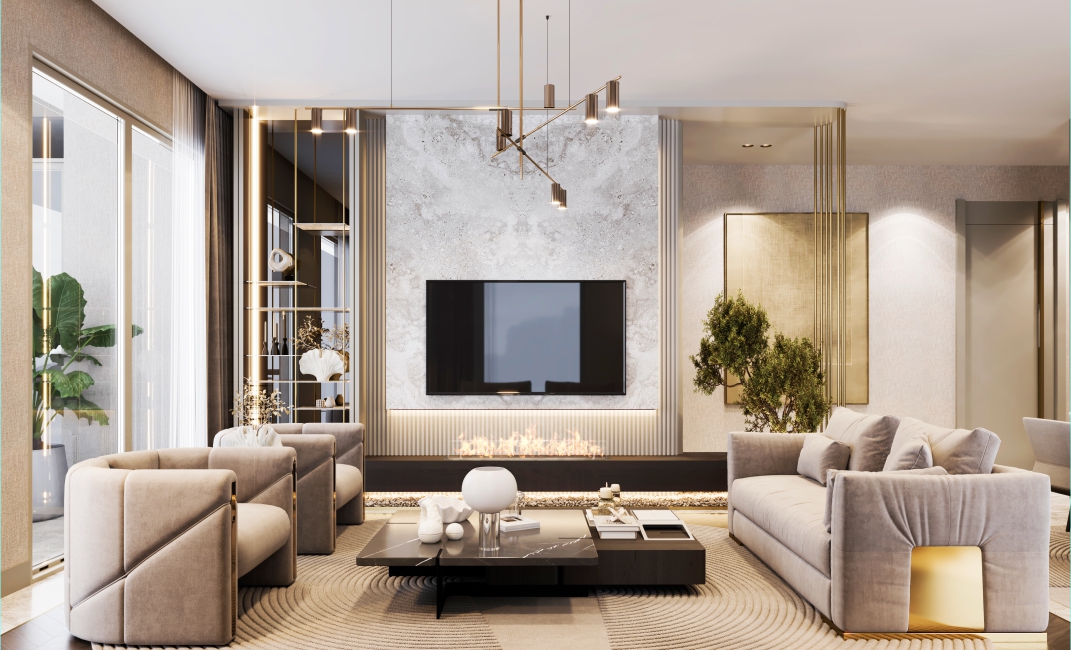 دکوراسیون داخلی اتاق نشیمن مدرن با دیوار شاخص مرمری برای تلویزیون، شومینه خطی زیر آن، مبلمان راحتی لوکس و لوستر مدرن