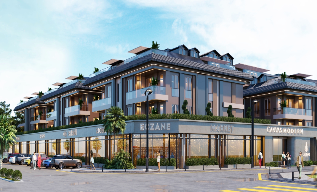 نمای خارجی ساختمان مدرن و چندمنظوره در نبش خیابان، شامل واحدهای تجاری مانند داروخانه و مارکت در طبقه همکف هنگام غروب