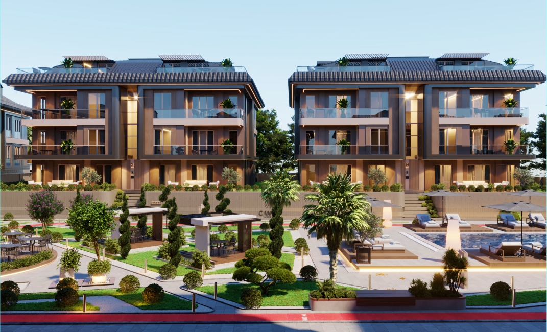 نمای حیاط مرکزی و مشاعات مجتمع مسکونی در شب، شامل استخر شنا با صندلی‌های آفتاب‌گیر، محوطه سازی سرسبز، آلاچیق‌های مدرن و نورپردازی محیطی