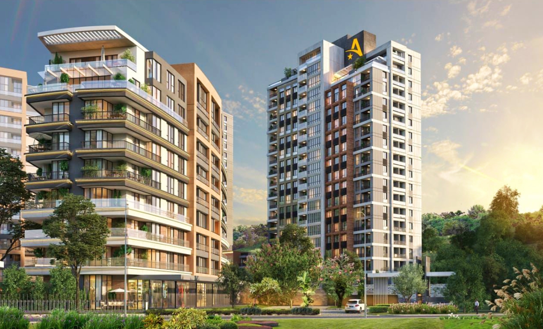 نمای بیرونی مجتمع مسکونی لوکس با محوطه سبز و معماری مدرن