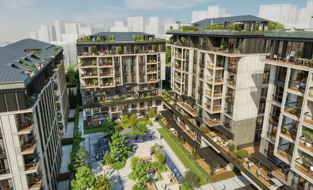 نمای هوایی مجتمع مسکونی مدرن با تراس‌های سبز پشت بام و بالکن‌های بزرگ