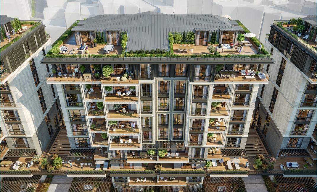 نمای بیرونی پروژه مسکونی با محوطه‌سازی سرسبز، آب‌نما و فضای باز بین ساختمان‌ها