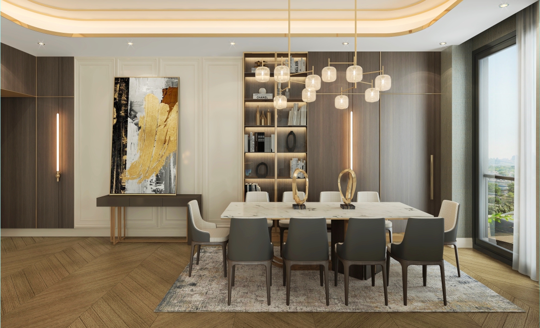 دکوراسیون اتاق غذاخوری لوکس با میز ناهارخوری سنگ مرمر، صندلی‌های مدرن و لوستر طلایی