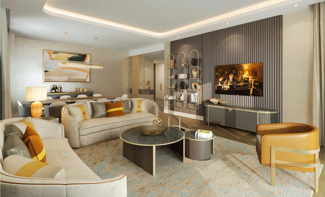 چیدمان اتاق نشیمن مدرن با مبلمان کرم و طلایی، دیوار تلویزیون دکوراتیو و نورپردازی مخفی