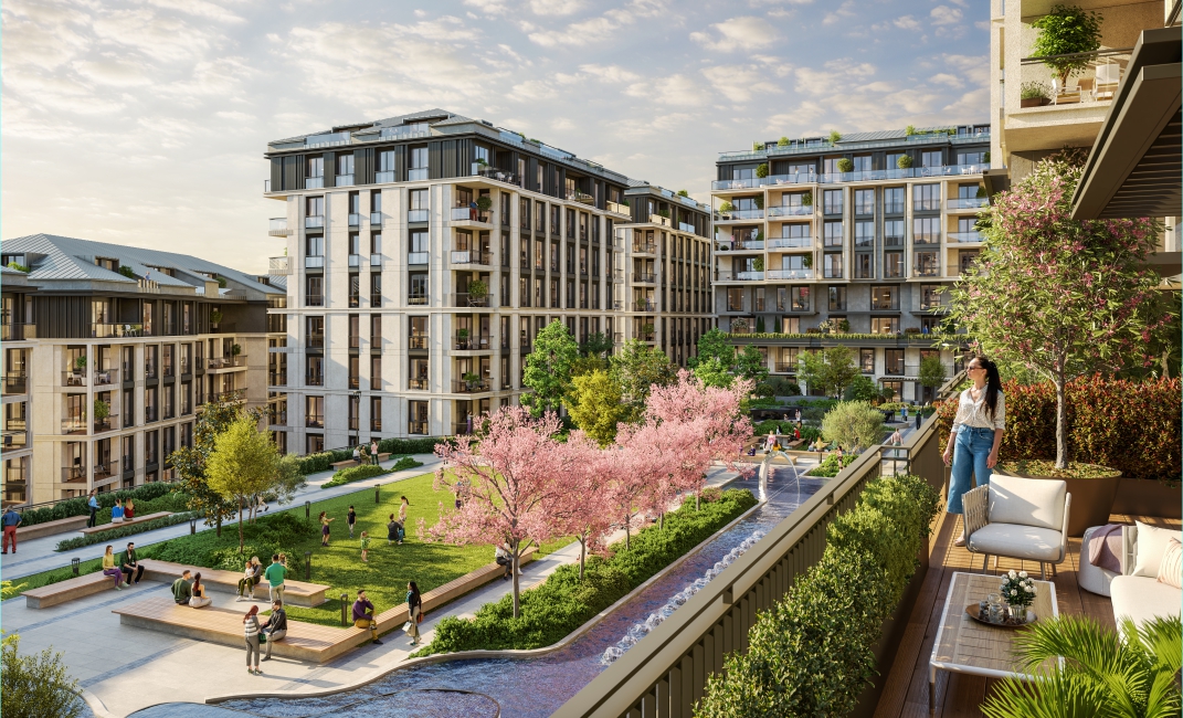 فضای سبز و محوطه حیاط مجتمع آپارتمانی با درختان شکوفه، مسیر پیاده‌روی و جوی آب