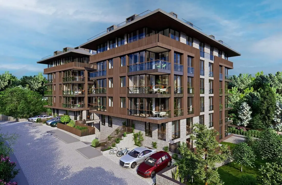 External view of a luxury house facade with a modern architectural design in a residential project in Uskudar, Istanbul.