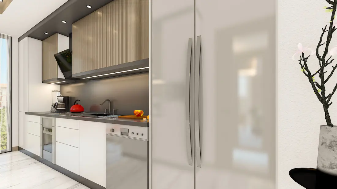 Interior view of a luxury modern kitchen with high-end finishes and stylish design in a Uskudar apartment, Istanbul.