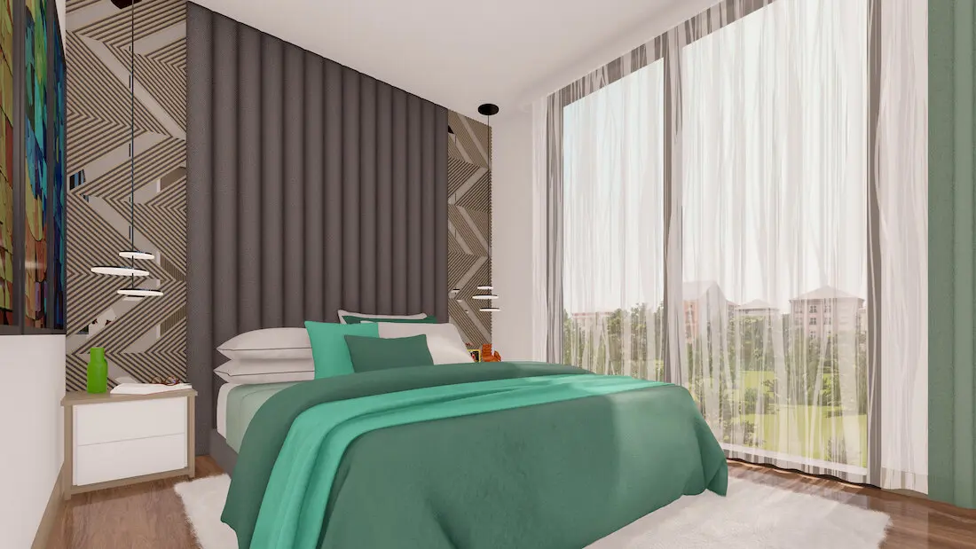 Interior view of a master bedroom with a modern and cozy design in a luxury Uskudar house, Istanbul.