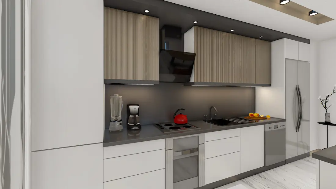 Interior view of a modern and stylish kitchen with high-quality finishes in a Uskudar house, Istanbul.