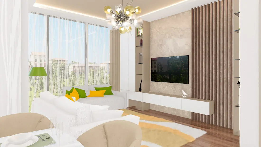 Interior view of a spacious and elegantly designed modern living room in a Uskudar house, Istanbul.