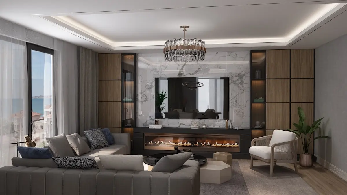 Interior view of a spacious and bright modern living room in a Beylikdüzü home, Istanbul.