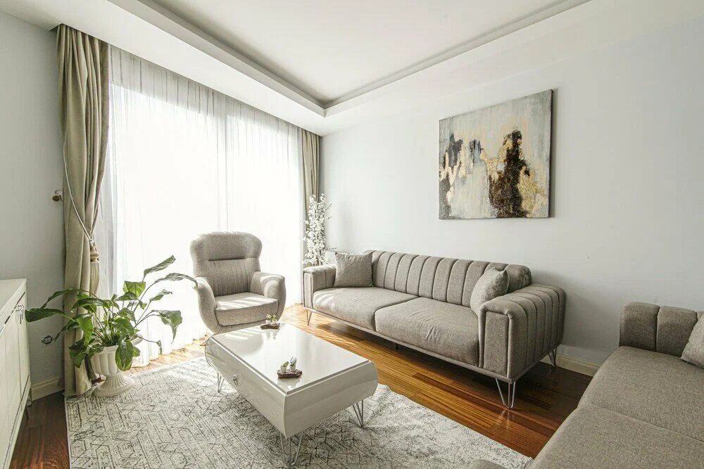 Modern living room interior with contemporary furniture and elegant design for sale in the Beyoğlu district, Istanbul.