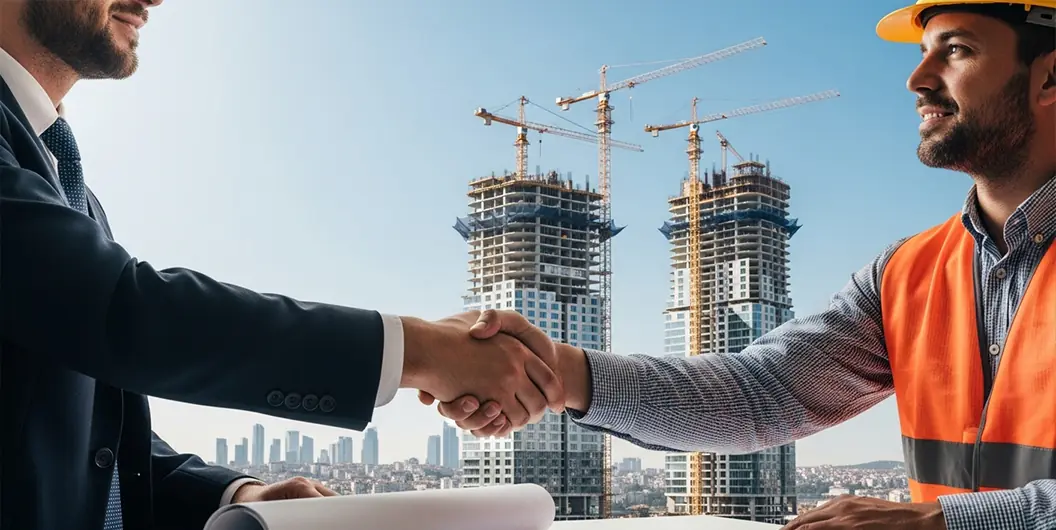 یک عکس بسیار واقعی و باکیفیت از دست دادن یک سرمایه‌گذار و یک پیمانکار ساختمانی (در کلاه ایمنی و جلیقه) در محل ساخت یک برج مدرن در استانبول. نقشه‌های معماری و جرثقیل‌ها در پس‌زمینه، نماد توافق برای مشارکت در ساخت و ساز هوشمندانه و پربازده ملک هستند